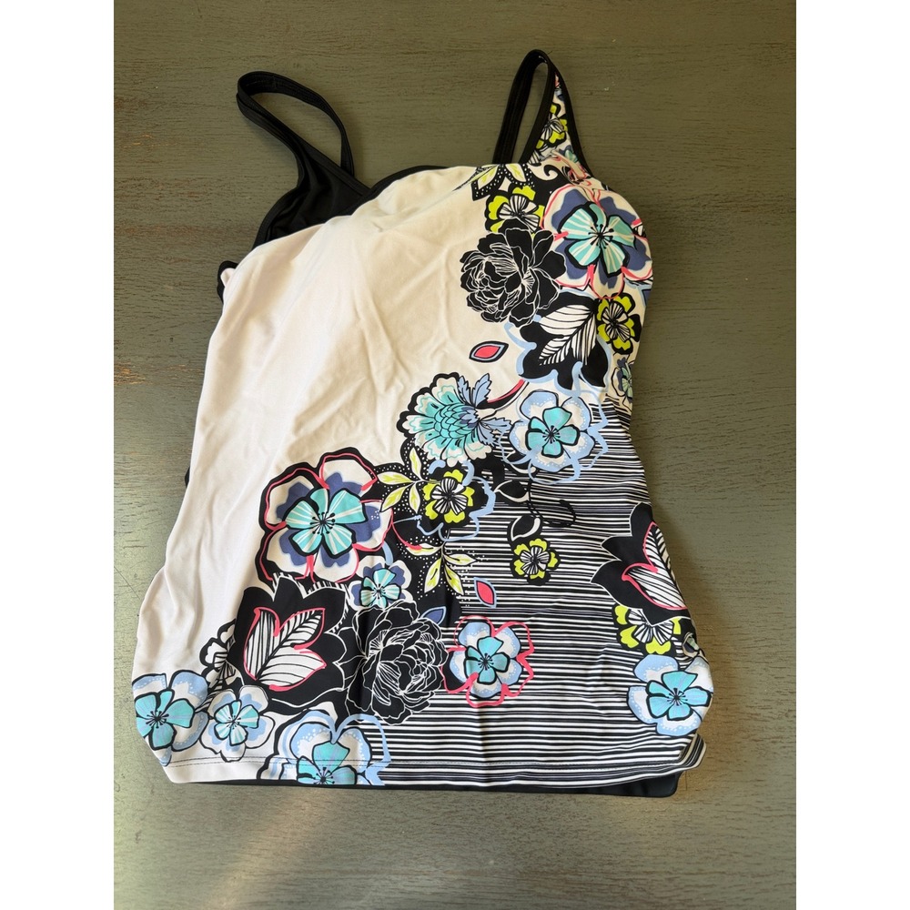 Free Country Women Floral Striped Tankini Swim Top Black White Multi Size M 8-10